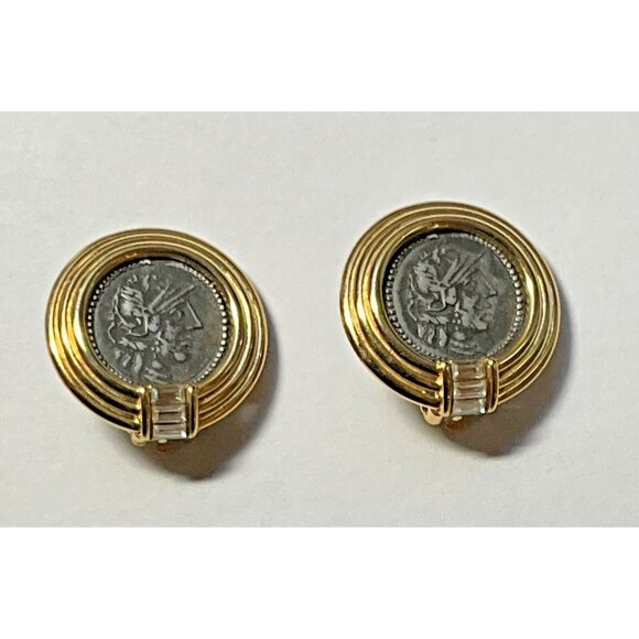 TAT Ancient Roman Clip On Earrings Greek Faux Coin Baguette Rhinestone Gold Tone - Picture 1 of 4